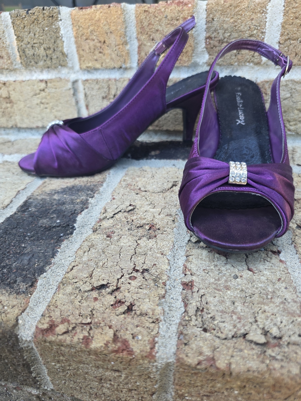 Purple Satin Slingback Heels with Rhinestone Accent